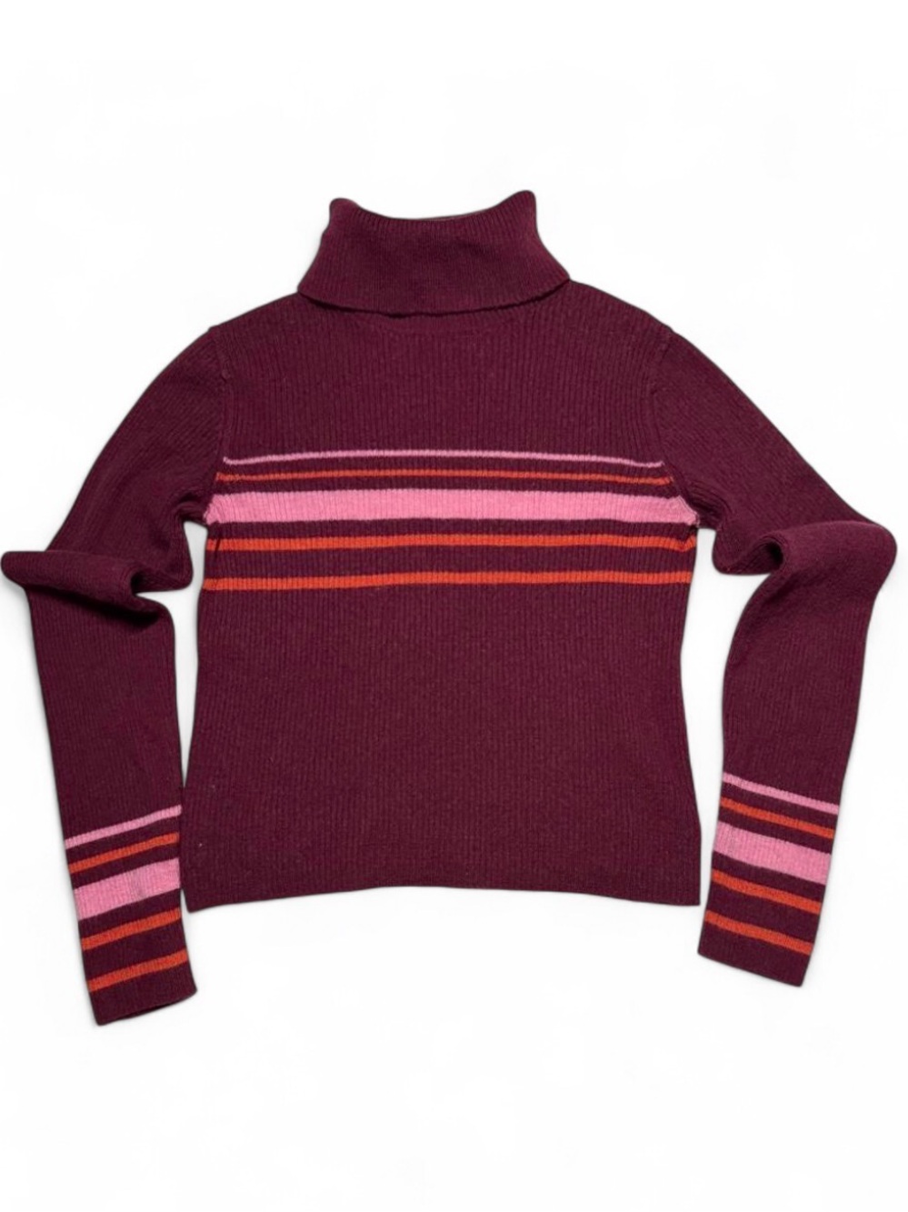 Free People Merino Wool Turtleneck Sweater Top Maroon Pink Orange Striped Knit M
